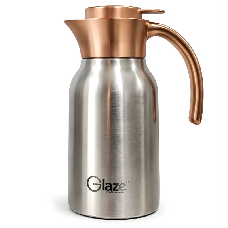 Glaze Vacuum Stainless Steel Insulated Flask 1.2L – Double Wall Thermal Carafe – 12 Hours Hot & Cold – 100% Food Grade Stainless Steel – Elegant Handle Coffee & Tea Pot – Premium Serving Thermos - Image 1